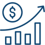 boost-revenues steady upwards arrow accompanied by an enclosed USD symbol, above various-sized vertical rectangle outlines